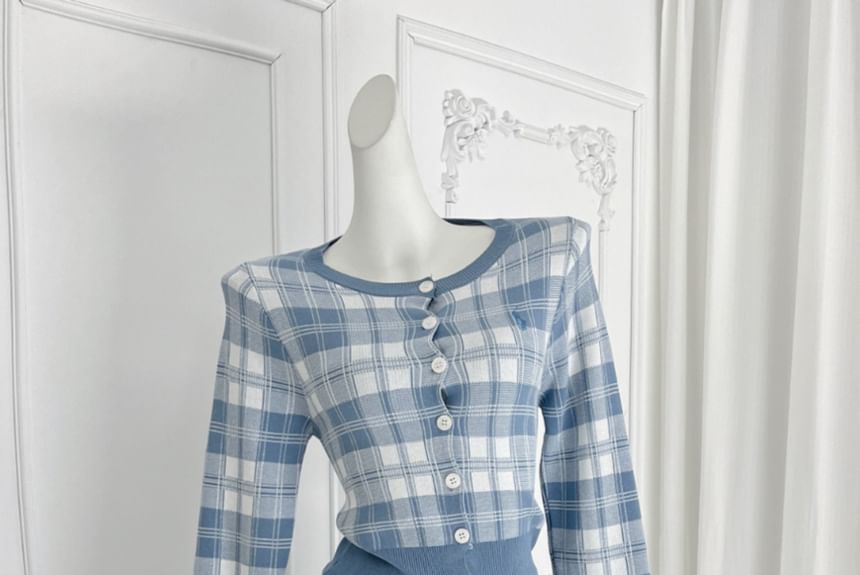 Plaid Cardigan & High Rise Mini A-Line Skirt Set