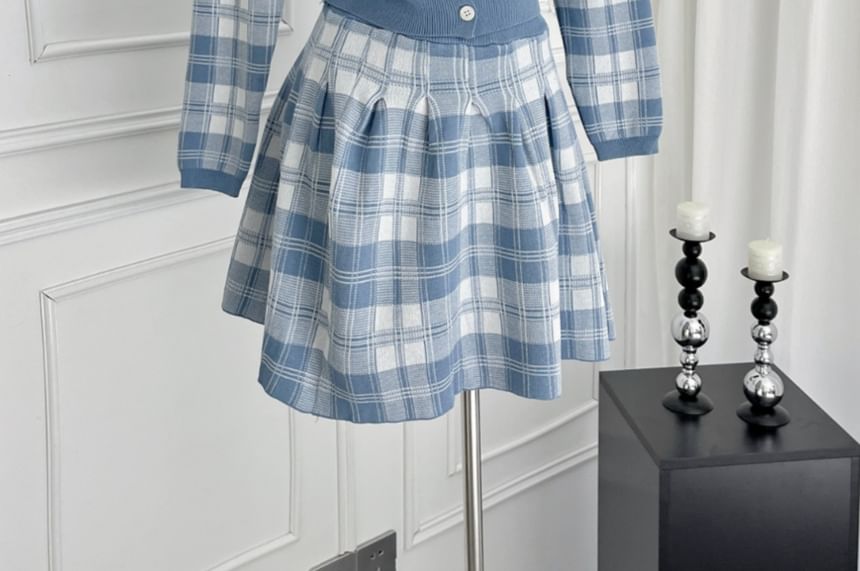 Plaid Cardigan & High Rise Mini A-Line Skirt Set