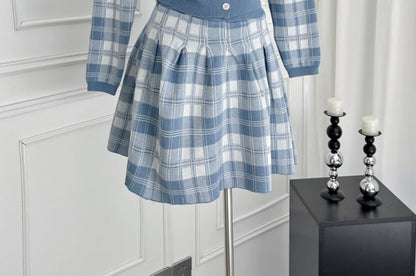 Plaid Cardigan & High Rise Mini A-Line Skirt Set