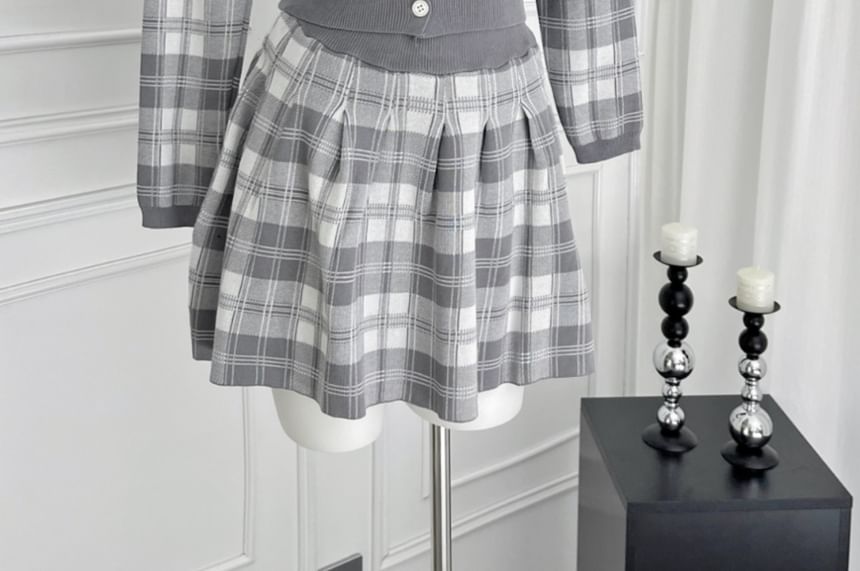 Plaid Cardigan & High Rise Mini A-Line Skirt Set