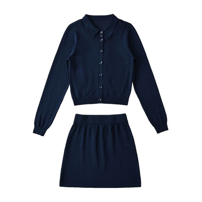 Round Neck Cardigan, Collared Sweater Vest & Knit Mini Skirt Set