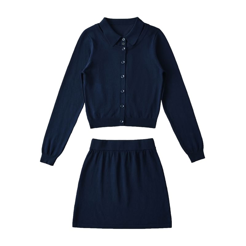 Round Neck Cardigan, Collared Sweater Vest & Knit Mini Skirt Set