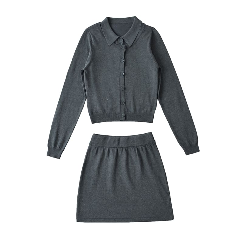 Round Neck Cardigan, Collared Sweater Vest & Knit Mini Skirt Set