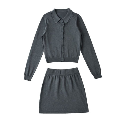 Round Neck Cardigan, Collared Sweater Vest & Knit Mini Skirt Set