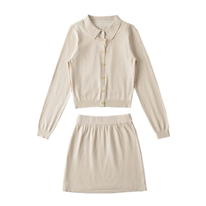 Round Neck Cardigan, Collared Sweater Vest & Knit Mini Skirt Set