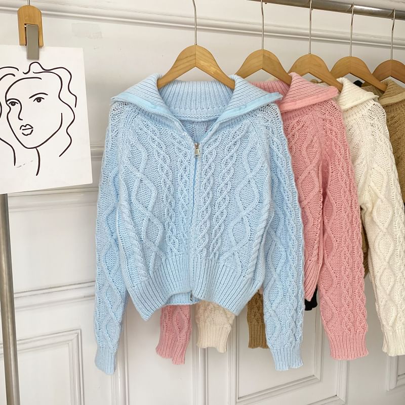 Collared Zip Cable Knit Cardigan