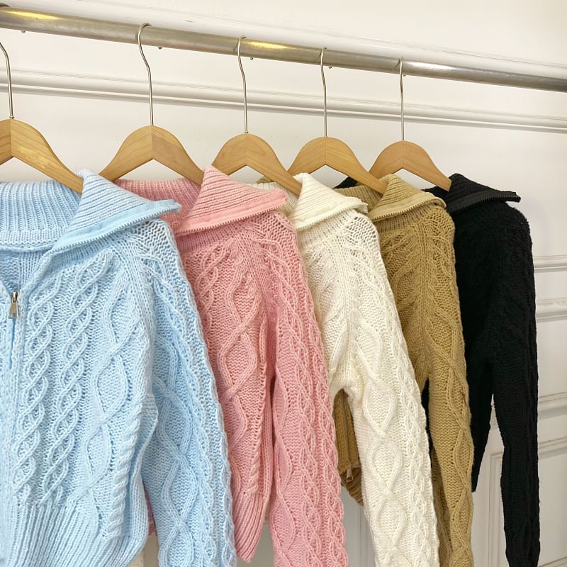 Collared Zip Cable Knit Cardigan