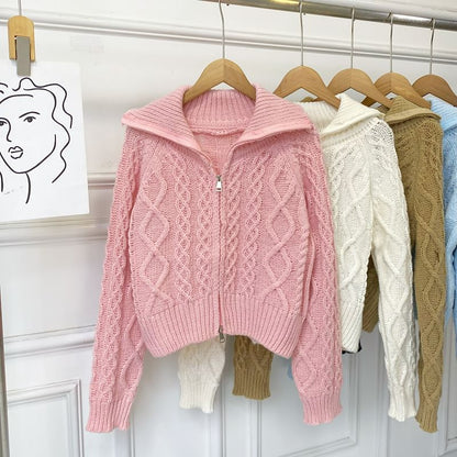 Collared Zip Cable Knit Cardigan