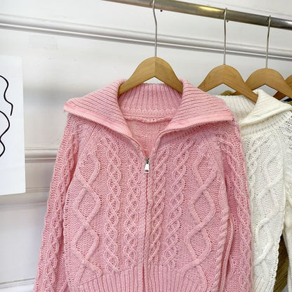 Collared Zip Cable Knit Cardigan
