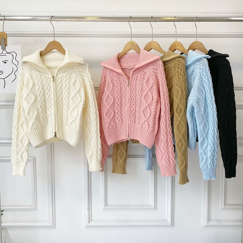 Collared Zip Cable Knit Cardigan