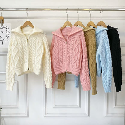Collared Zip Cable Knit Cardigan