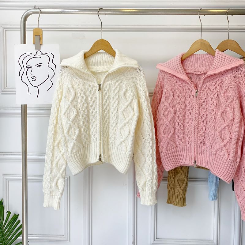 Collared Zip Cable Knit Cardigan