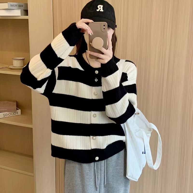 Striped Crewneck Button-Up Cardigan