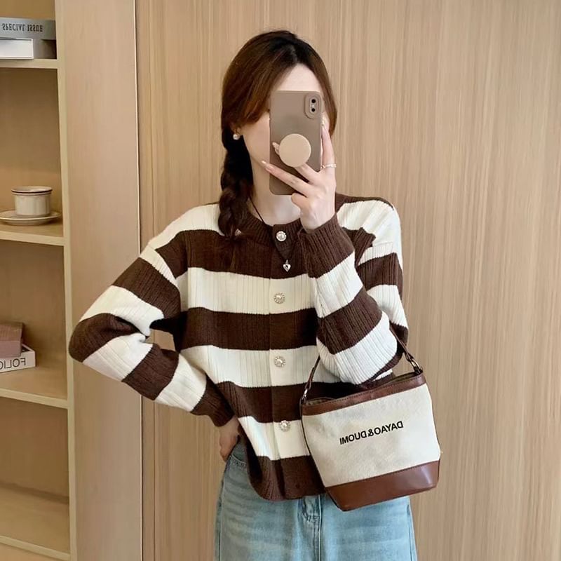 Striped Crewneck Button-Up Cardigan