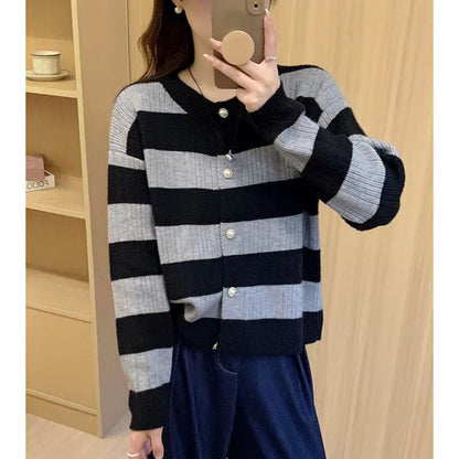 Striped Crewneck Button-Up Cardigan
