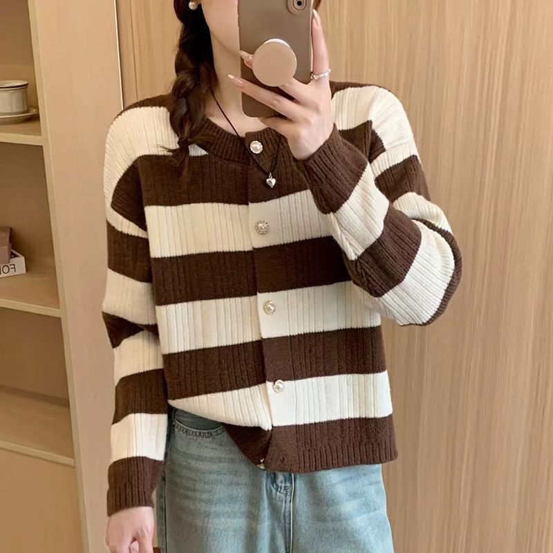 Striped Crewneck Button-Up Cardigan