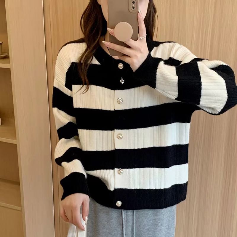 Striped Crewneck Button-Up Cardigan