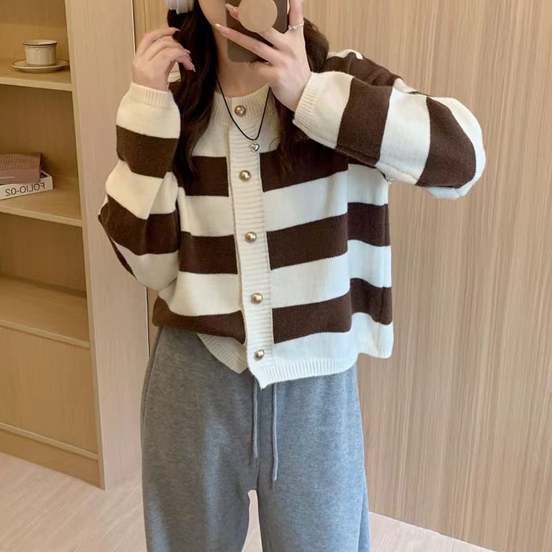 Striped Crewneck Button-Up Cardigan