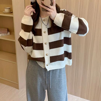 Striped Crewneck Button-Up Cardigan