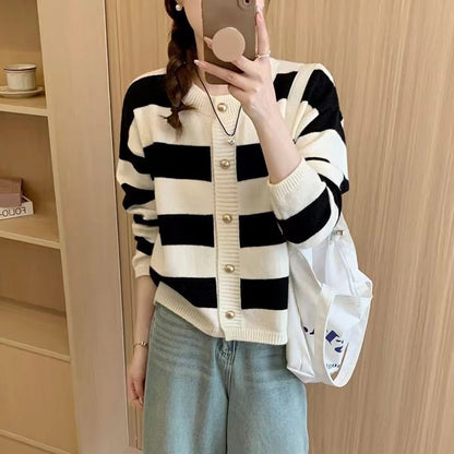 Striped Crewneck Button-Up Cardigan