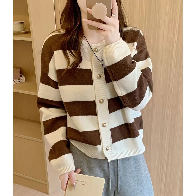 Striped Crewneck Button-Up Cardigan