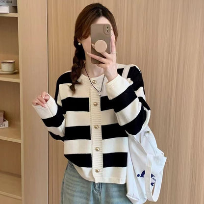 Striped Crewneck Button-Up Cardigan