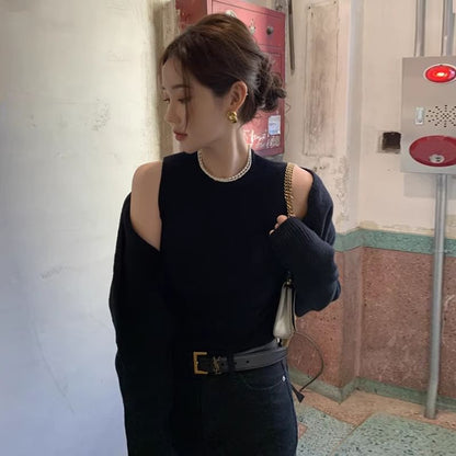 Crew Neck Knit Tank Top & V-Neck Wrap Crop Cardigan Set