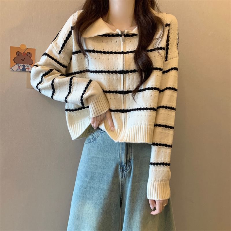 Striped Collared Zip-Up Cardigan