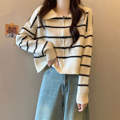 Striped Collared Zip-Up Cardigan