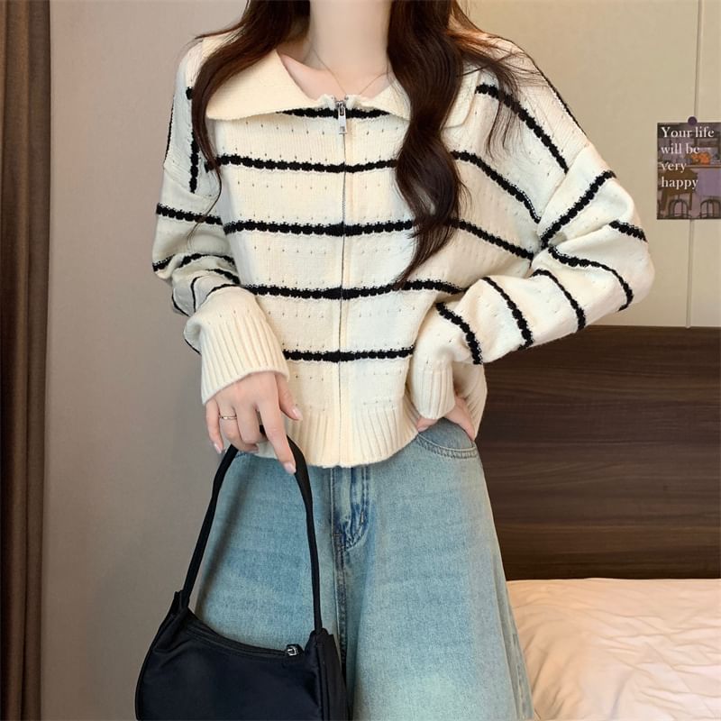 Striped Collared Zip-Up Cardigan