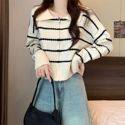 Striped Collared Zip-Up Cardigan