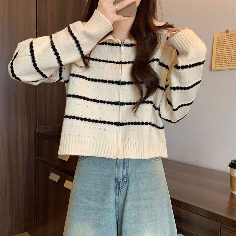 Striped Collared Zip-Up Cardigan