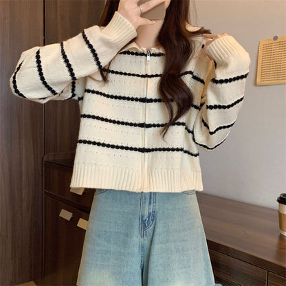 Striped Collared Zip-Up Cardigan