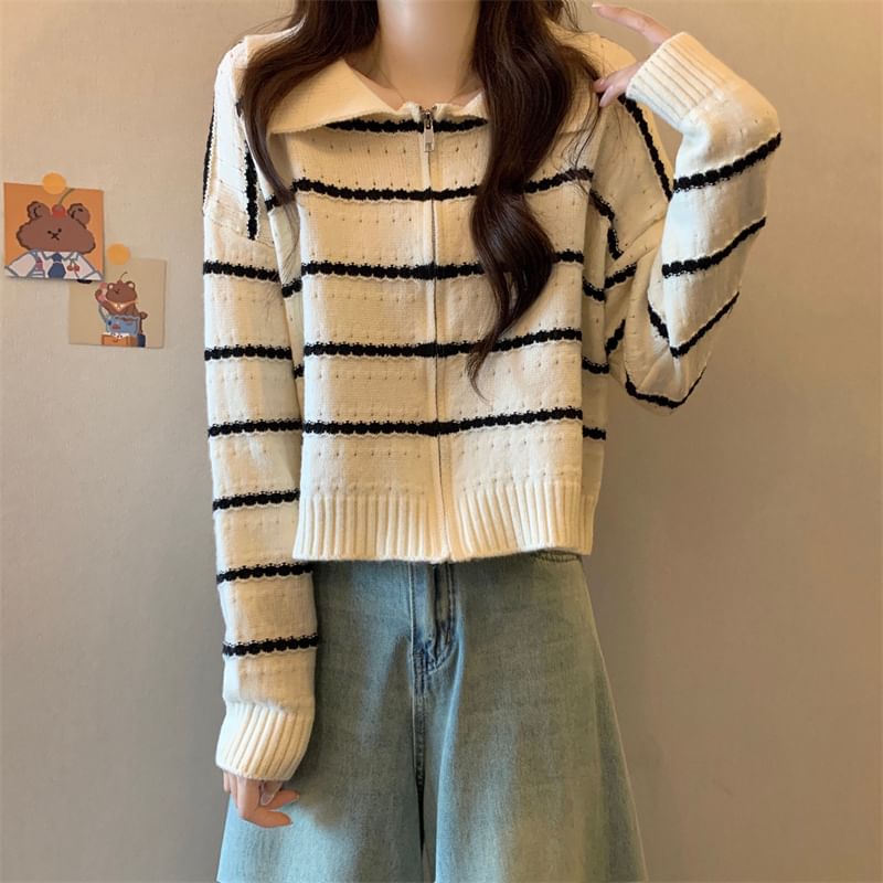 Striped Collared Zip-Up Cardigan