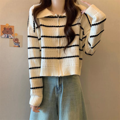 Striped Collared Zip-Up Cardigan