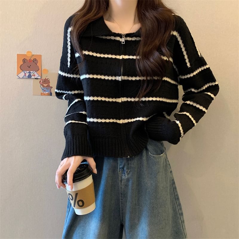 Striped Collared Zip-Up Cardigan