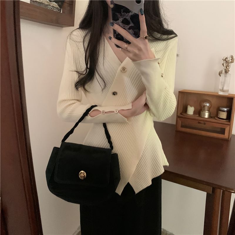 Asymmetrical Button-Front V-Neck Cardigan
