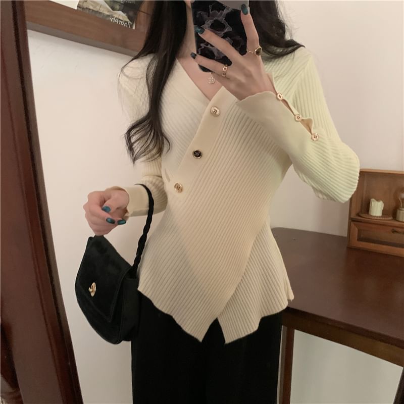 Asymmetrical Button-Front V-Neck Cardigan