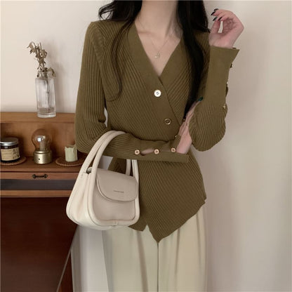 Asymmetrical Button-Front V-Neck Cardigan