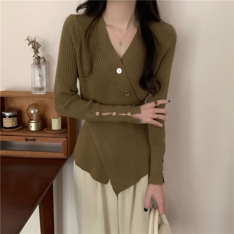 Asymmetrical Button-Front V-Neck Cardigan