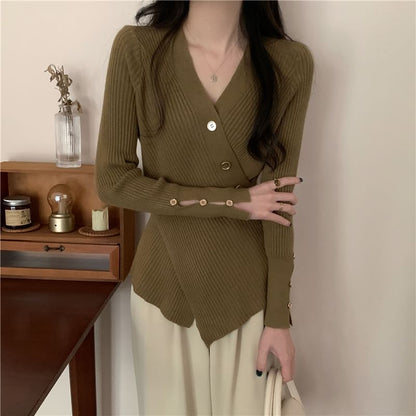 Asymmetrical Button-Front V-Neck Cardigan