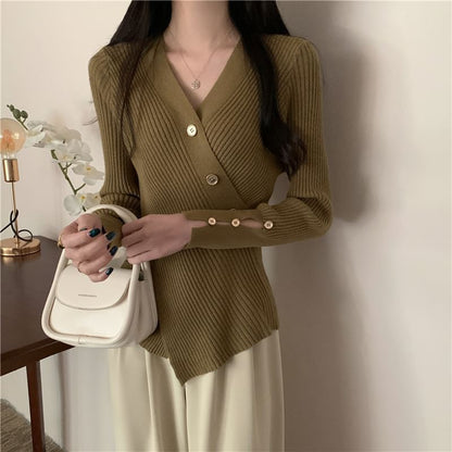 Asymmetrical Button-Front V-Neck Cardigan