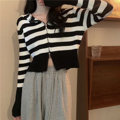 Striped V-Neck Cropped Knit Top