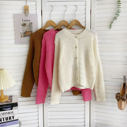 Crew Neck Solid Color Cropped Button Cardigan
