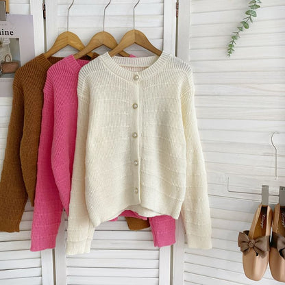 Crew Neck Solid Color Cropped Button Cardigan