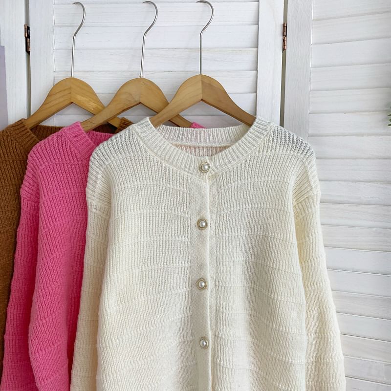 Crew Neck Solid Color Cropped Button Cardigan