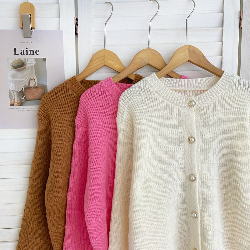 Crew Neck Solid Color Cropped Button Cardigan