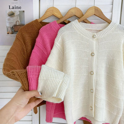 Crew Neck Solid Color Cropped Button Cardigan