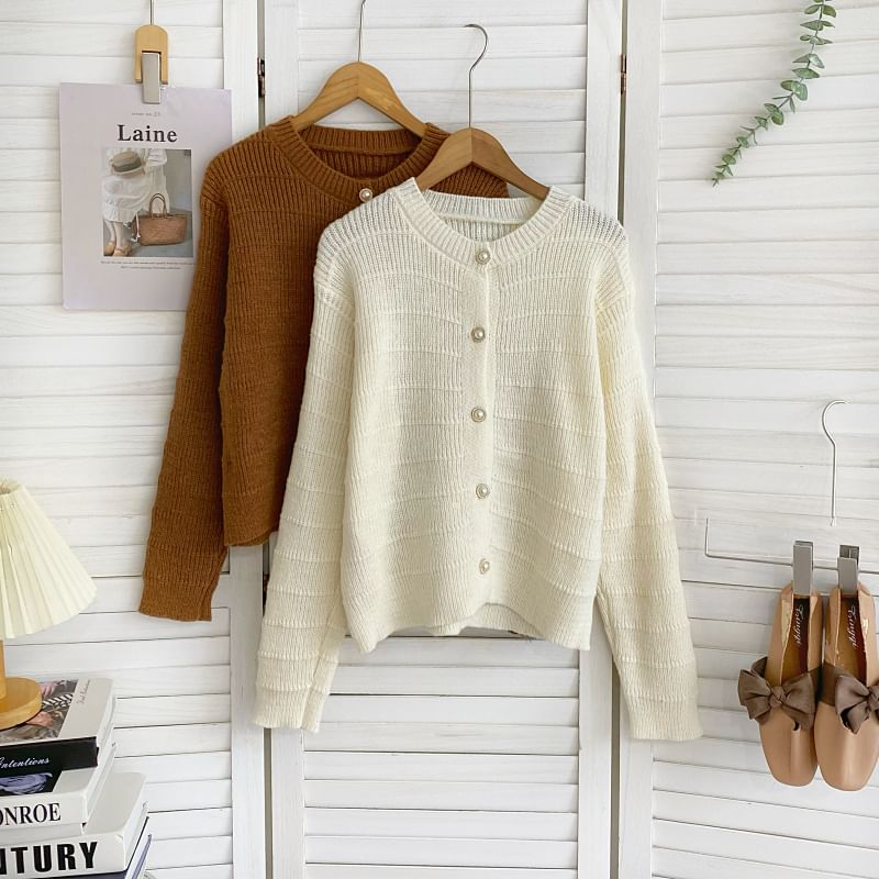 Crew Neck Solid Color Cropped Button Cardigan