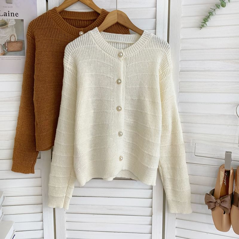 Crew Neck Solid Color Cropped Button Cardigan